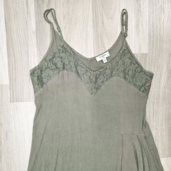 Umgee Womens Green Dress Spaghetti Strap Gathered Waist V-neck Lace Large - Picture 3 of 7